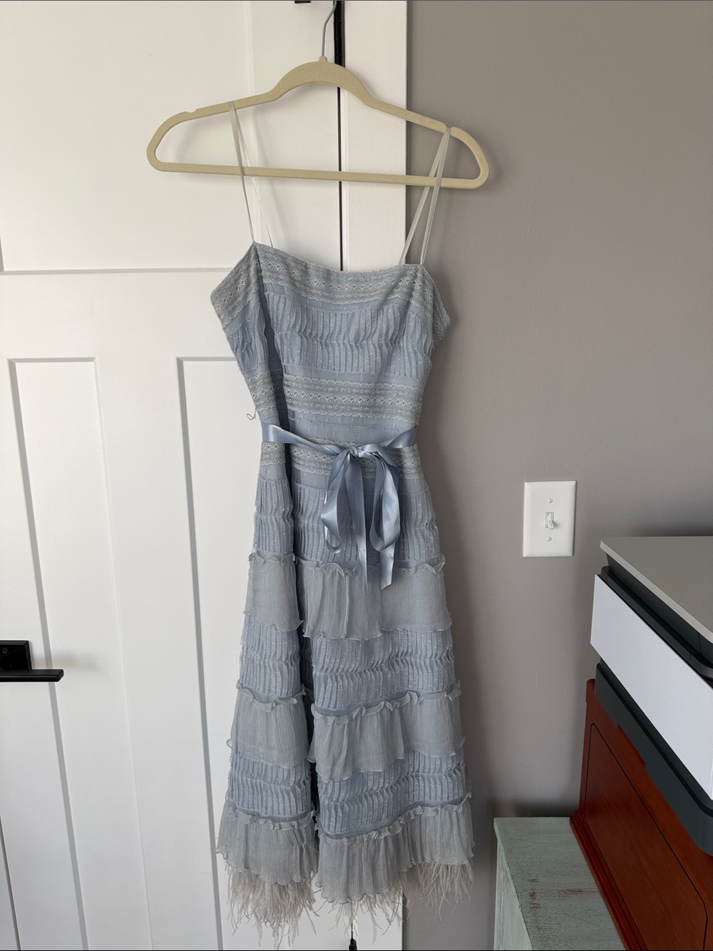 BCBGMaxAzria Pale Blue Tiered Spaghetti-Strap Midi Dress